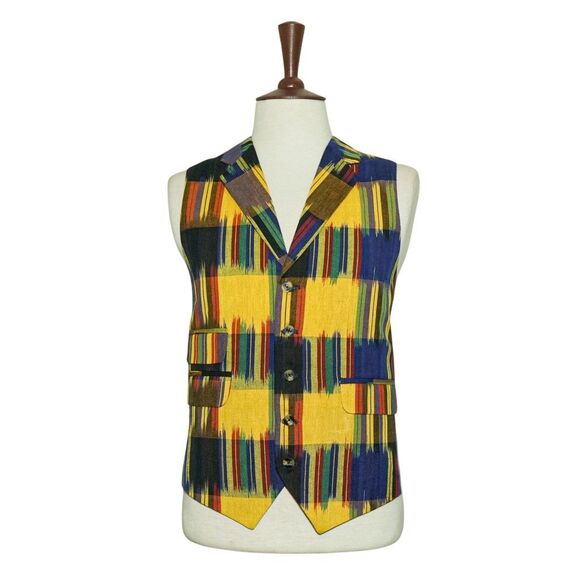 Mens Vest 46R Ikat Plaid Multicolor Cotton Waistcoat Western Preppy Casual Party - Picture 1 of 8
